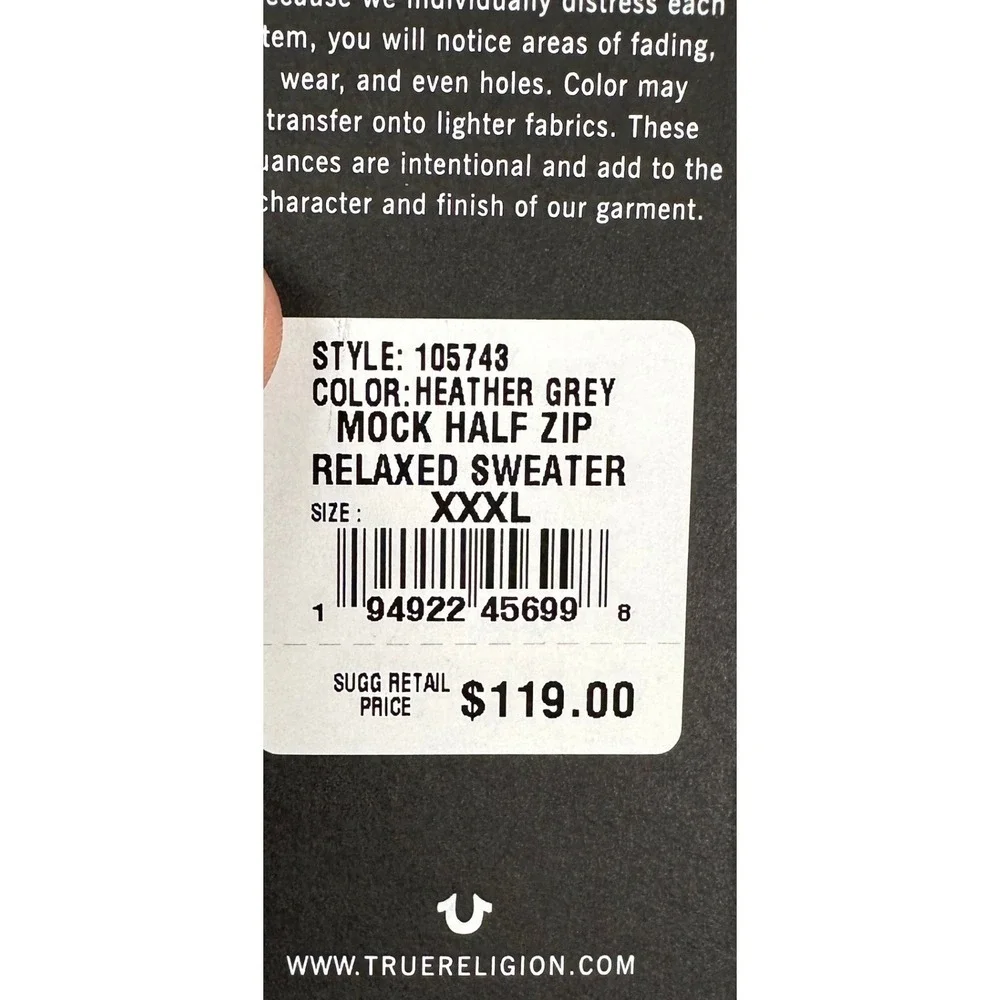 True Religion Sweatshirt Mock Half Zip Men 3XL Heather Gray Relaxed Pullover NEW